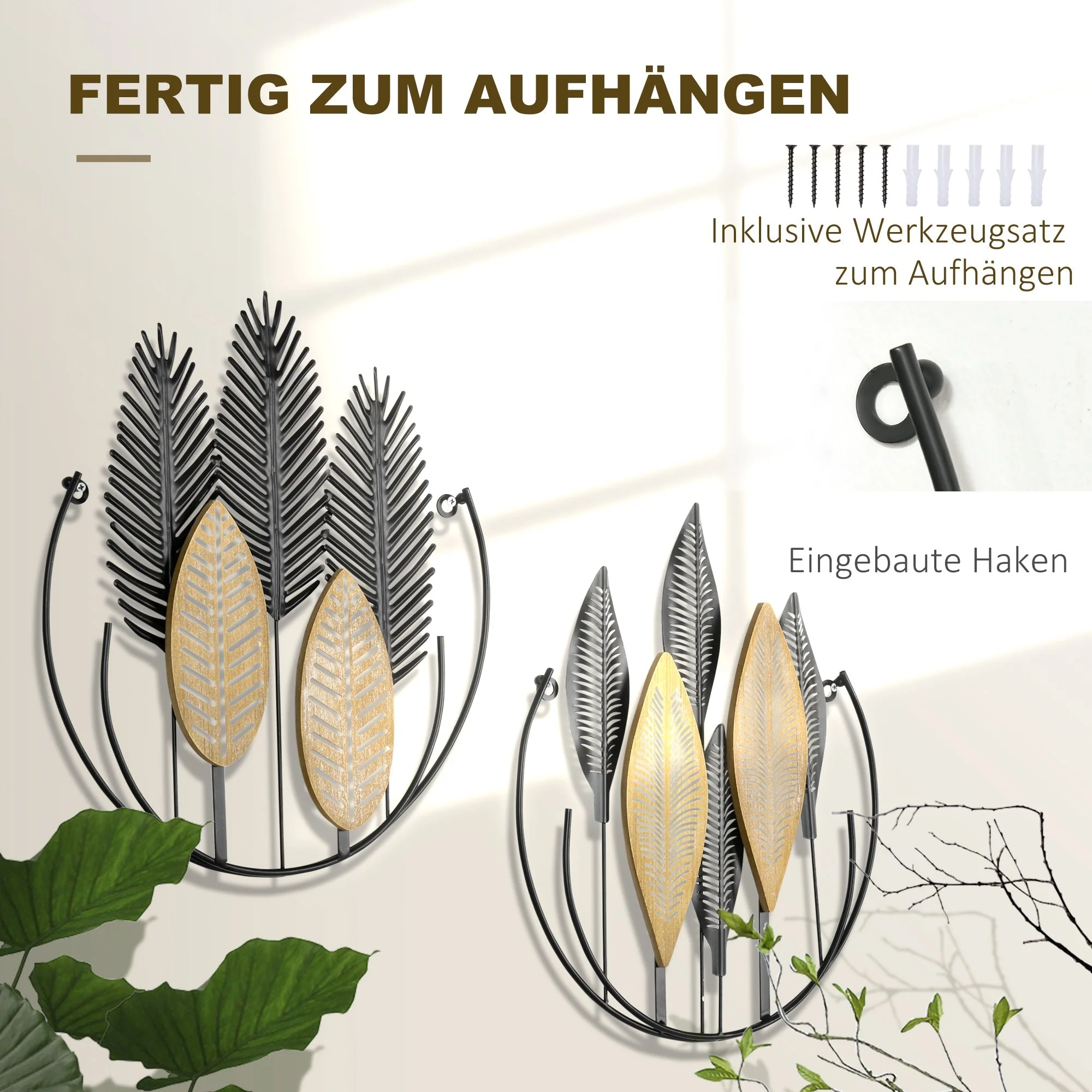 3D Wall Art 2-Set Leaves Decoration, Modern Metal Black and Natural - Image 5