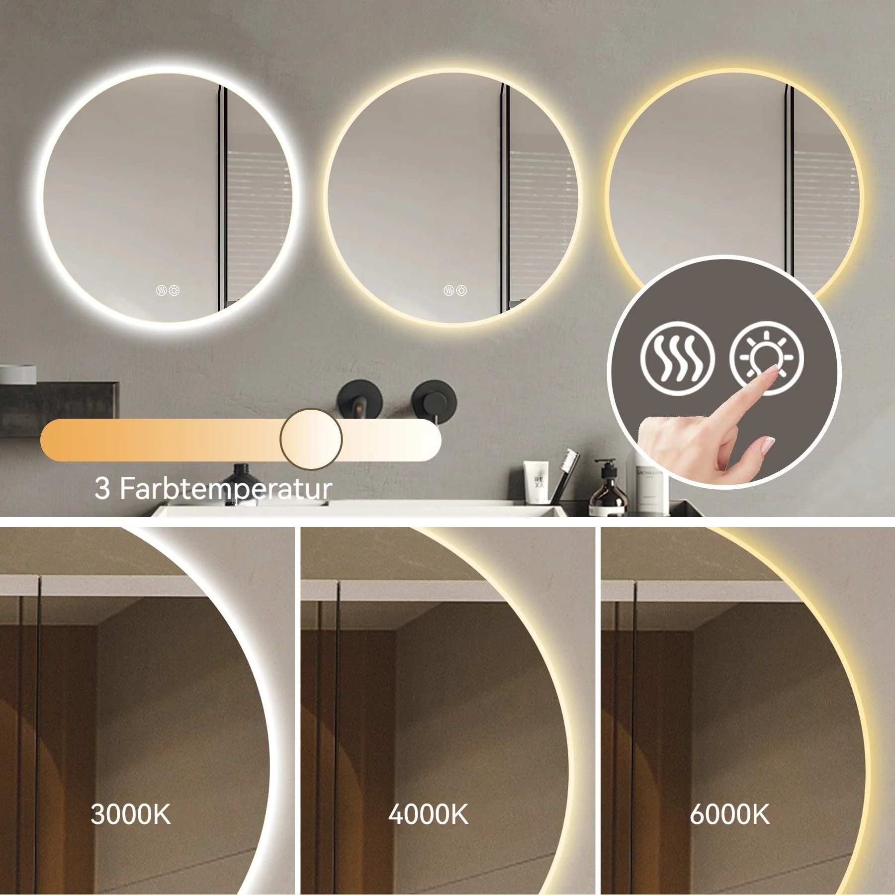 80cm Round LED Bathroom Mirror, Anti-Fog, Dimmable Light, Wall Mount - Image 5