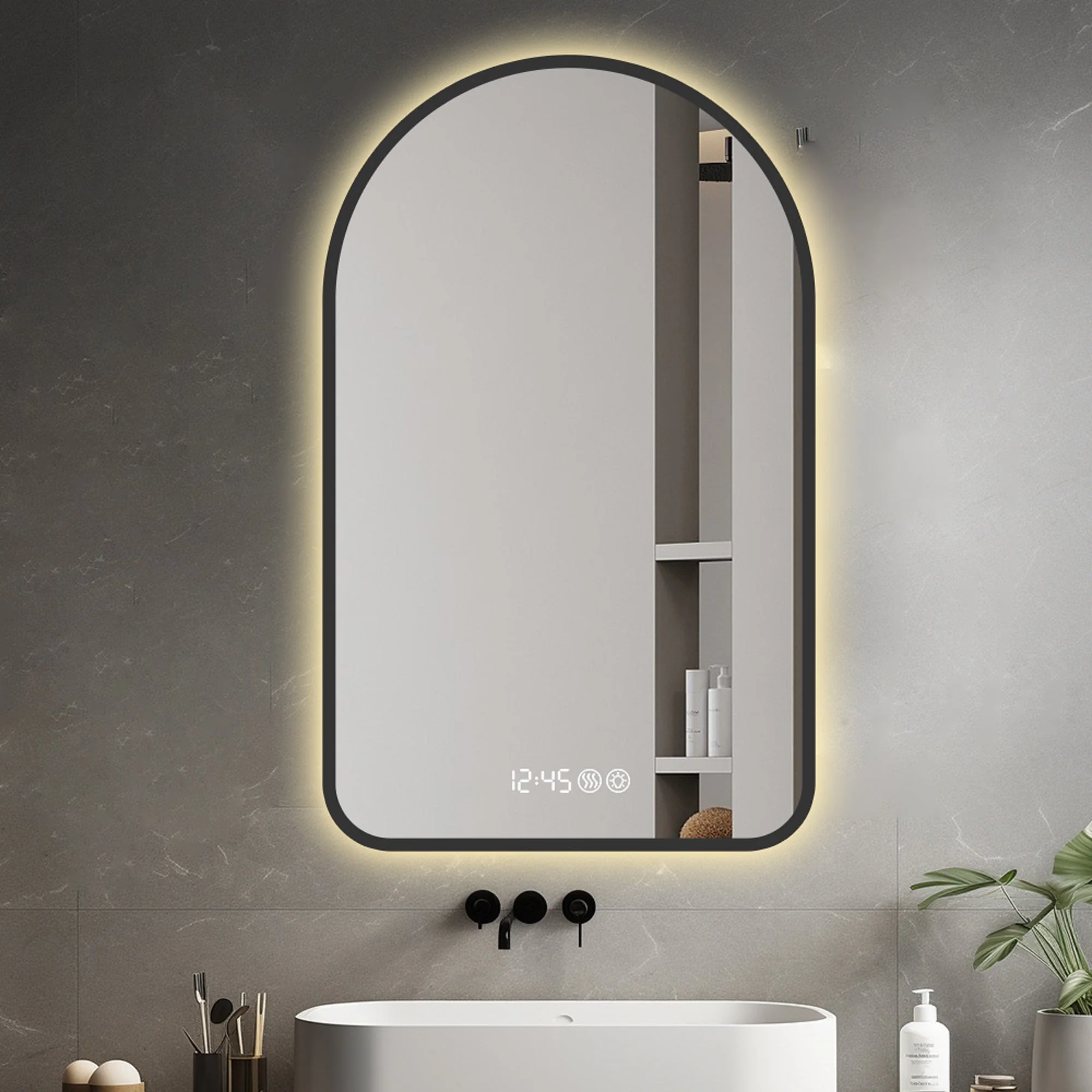 Arched LED Bathroom Mirror 60x120cm, Anti-Fog, Dimmable, Temp Display, Black Frame - Image 4