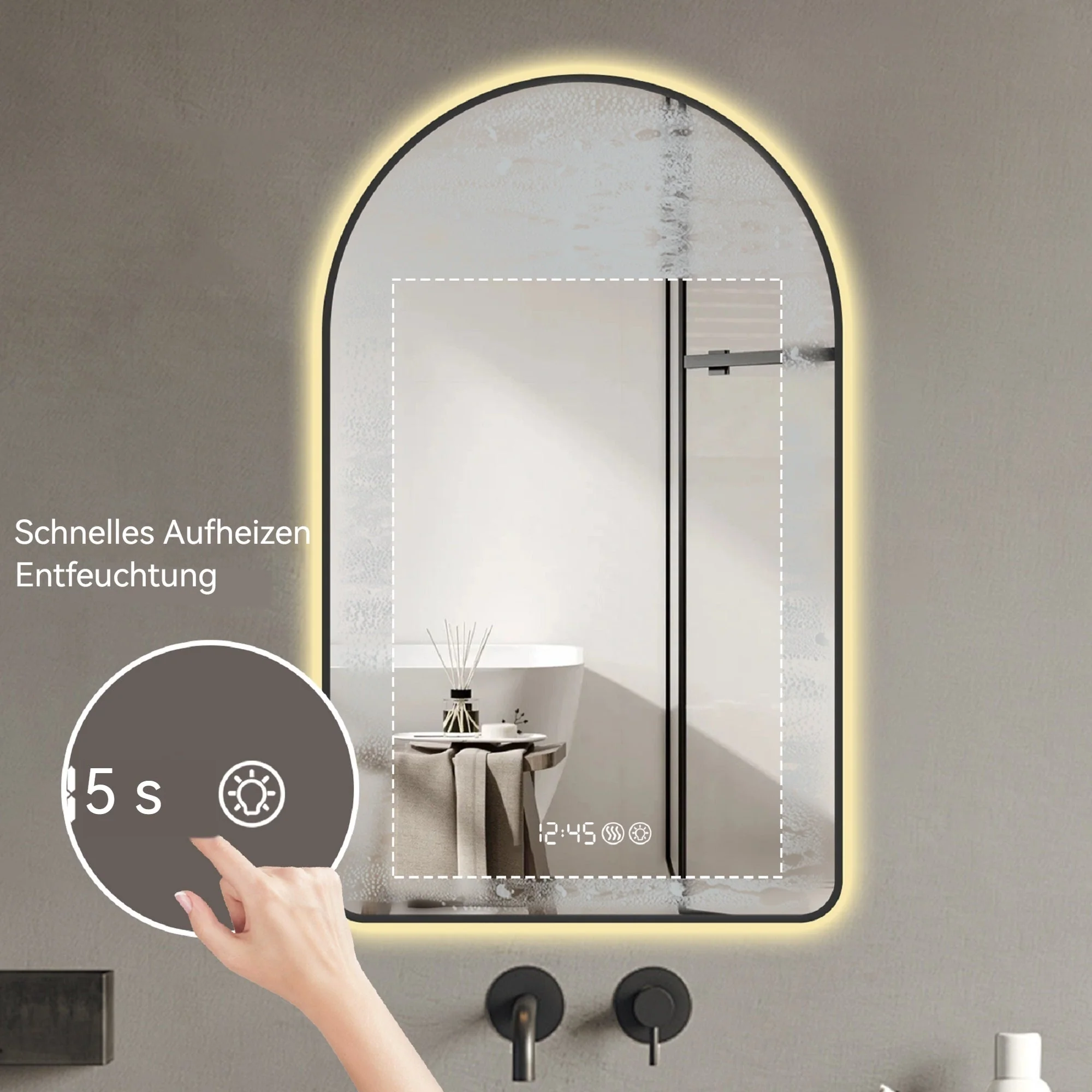 Arched LED Bathroom Mirror 60x120cm, Anti-Fog, Dimmable, Temp Display, Black Frame - Image 8