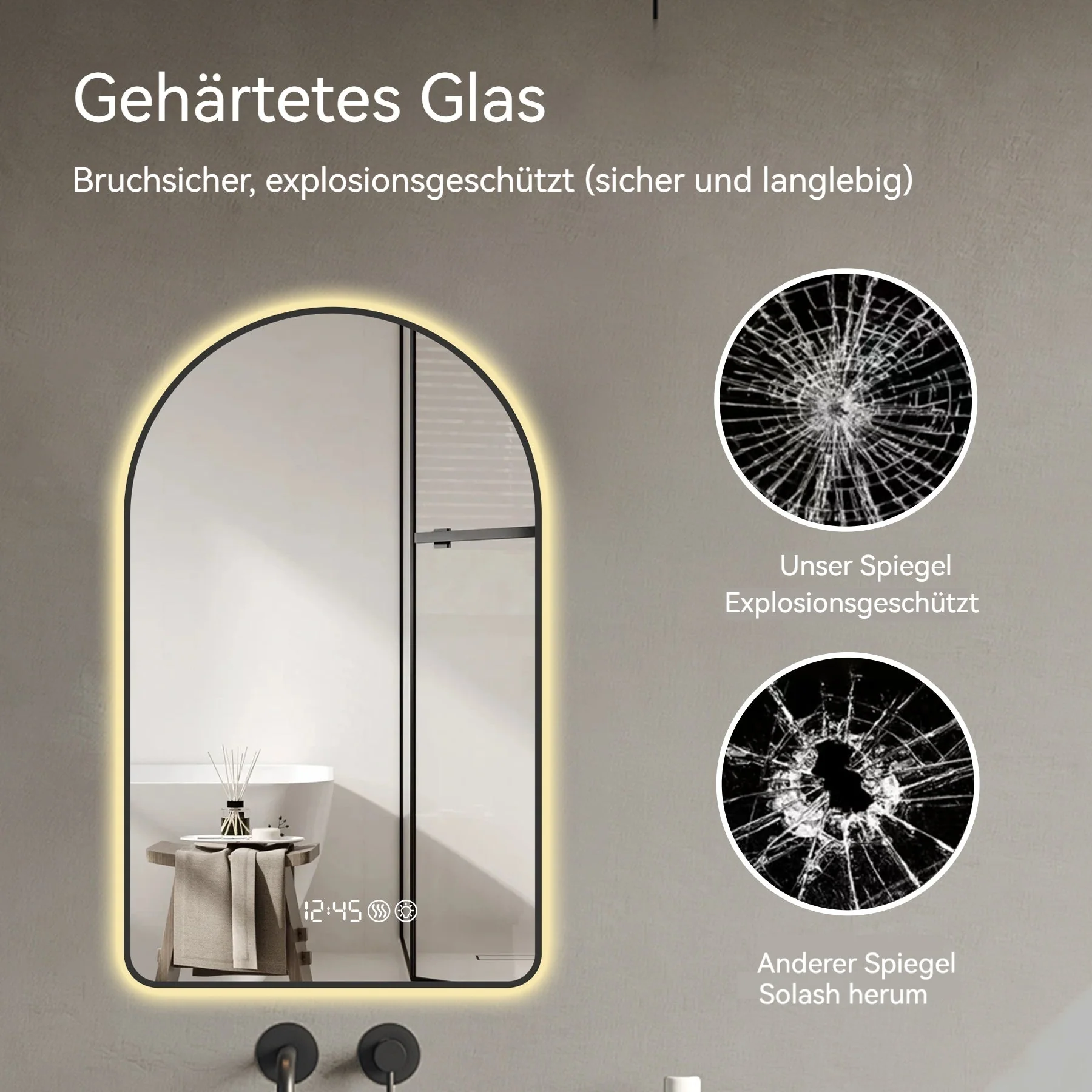 Arched LED Bathroom Mirror 60x120cm, Anti-Fog, Dimmable, Temp Display, Black Frame - Image 9