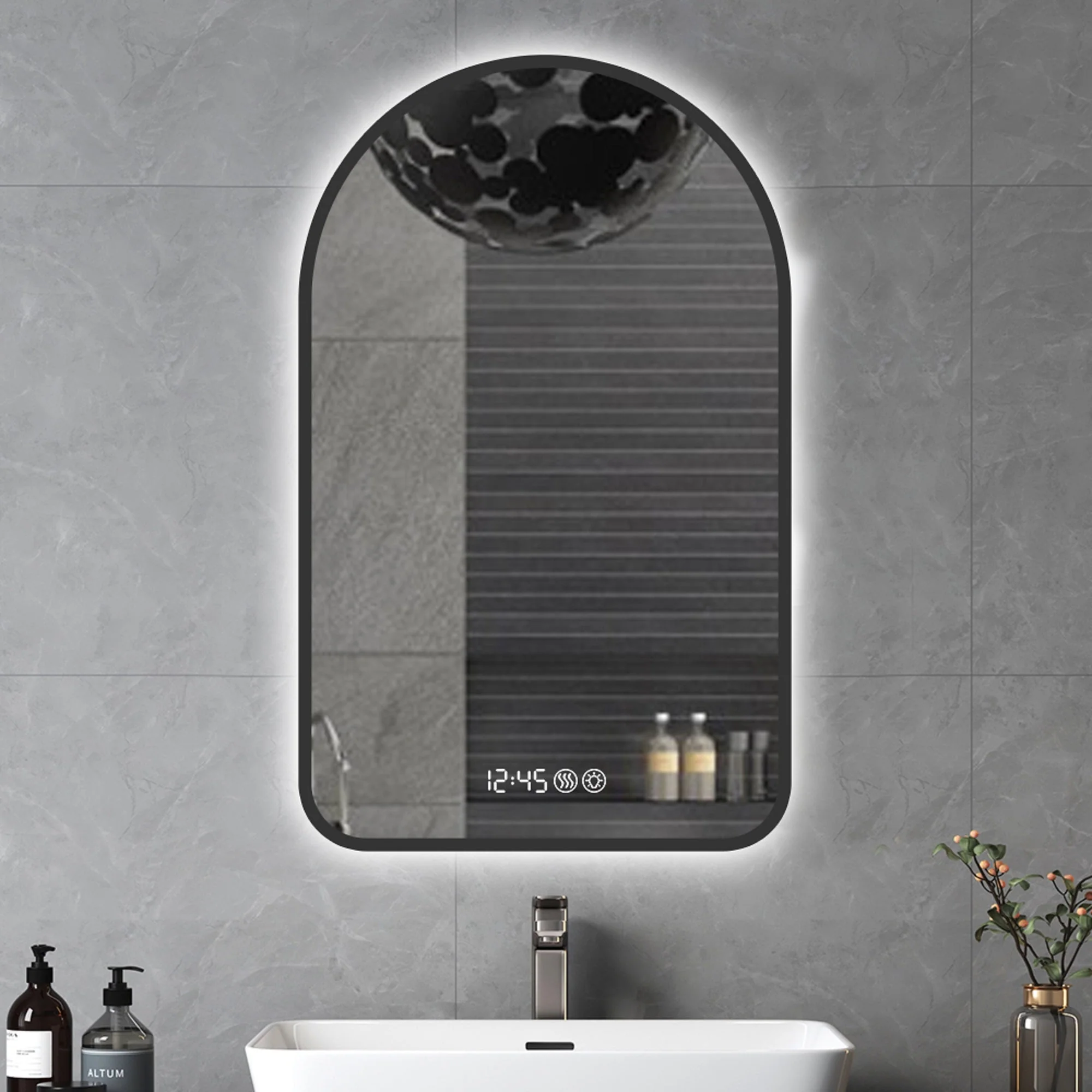 Arched LED Bathroom Mirror, 70x120cm, Anti-Fog, Dimmable, Time/Temp Display, Black Frame - Image 3