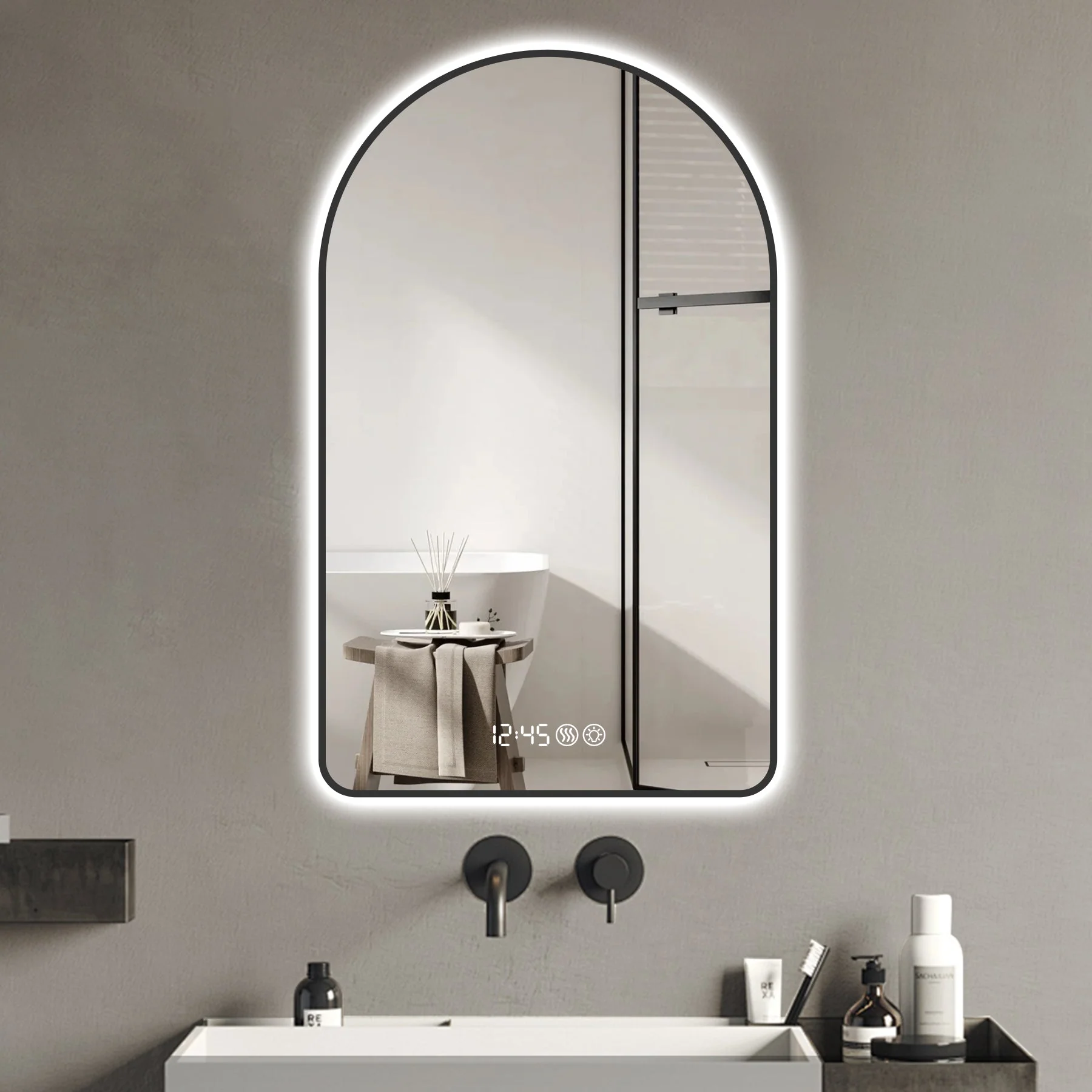 Arched LED Bathroom Mirror, 70x120cm, Anti-Fog, Dimmable, Time/Temp Display, Black Frame - Image 5