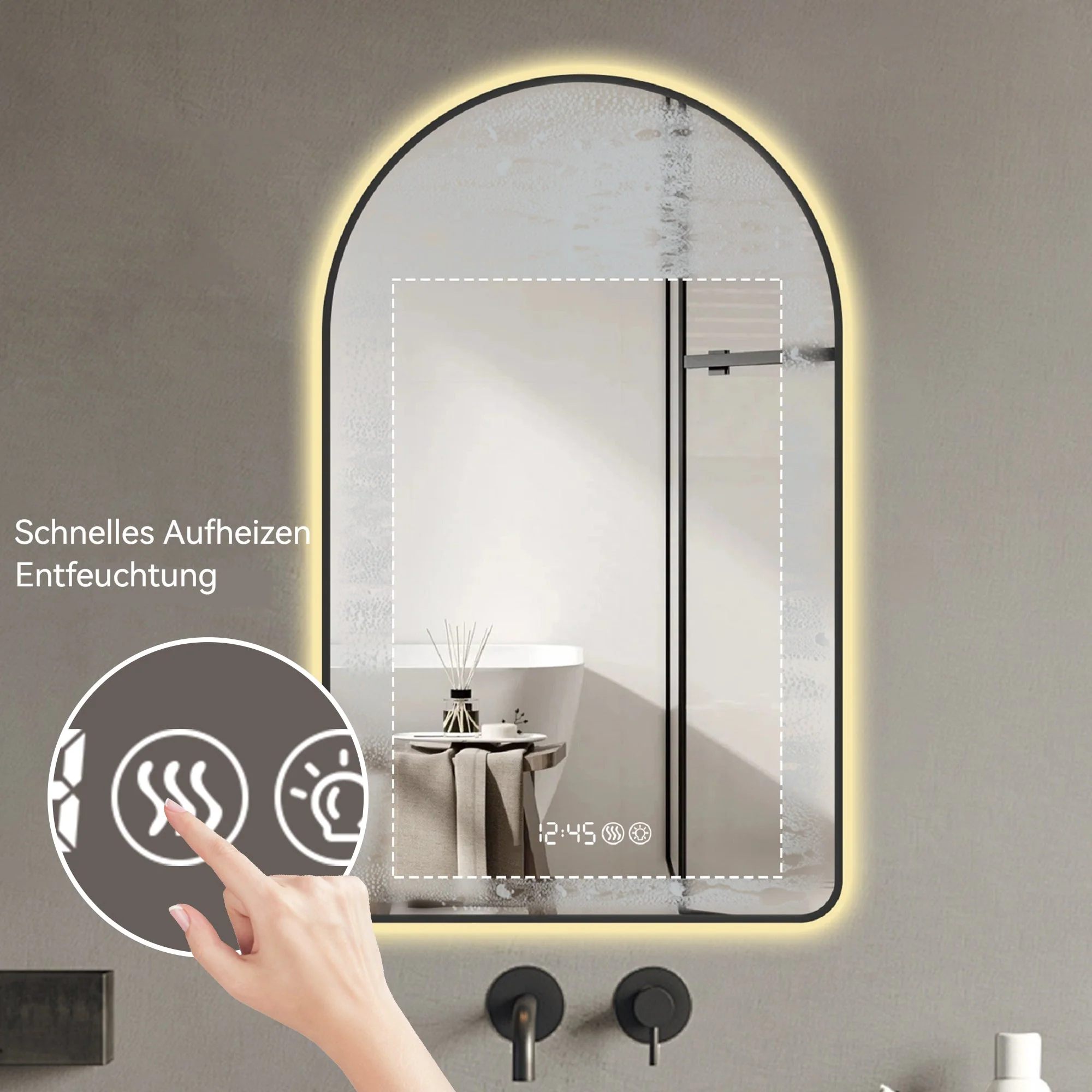 Arched LED Bathroom Mirror, 70x120cm, Anti-Fog, Dimmable, Time/Temp Display, Black Frame - Image 6