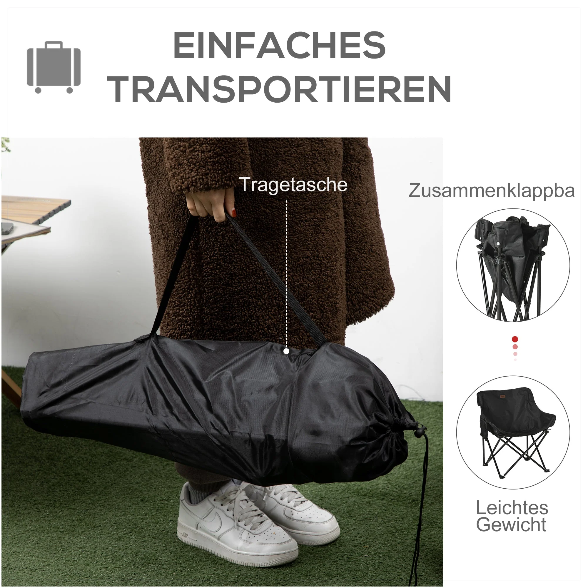 Camping Chair Foldable with Side Pocket, Steel Legs, Black Oxford - Image 4