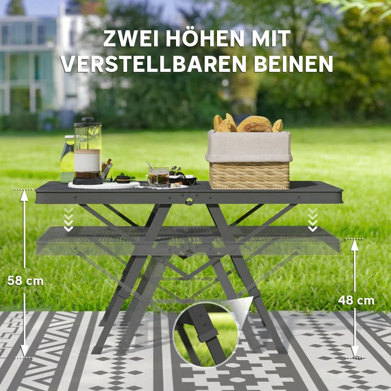 Camping Table, Adjustable Folding Metal Grid Aluminum, Black - Image 6
