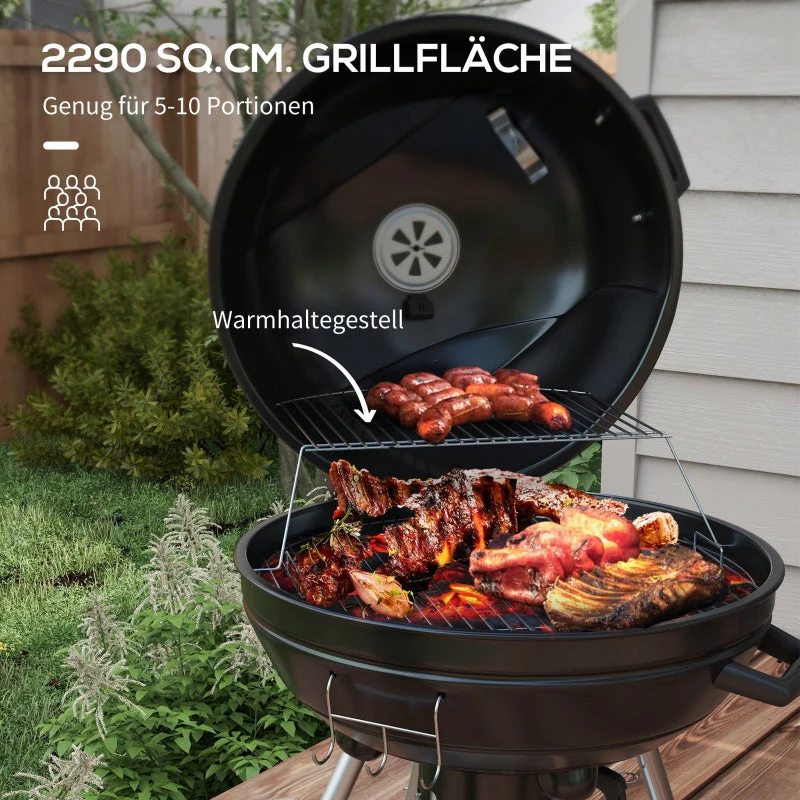 Charcoal Grill BBQ Camping with Grate, Wheels, Storage, Thermometer, Metal - Image 3