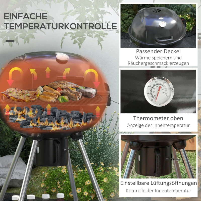 Charcoal Grill BBQ Camping with Grate, Wheels, Storage, Thermometer, Metal - Image 4