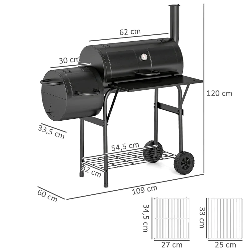 Charcoal Grill BBQ Smoker with Lid, Thermometer & Wheels, Steel - Image 3