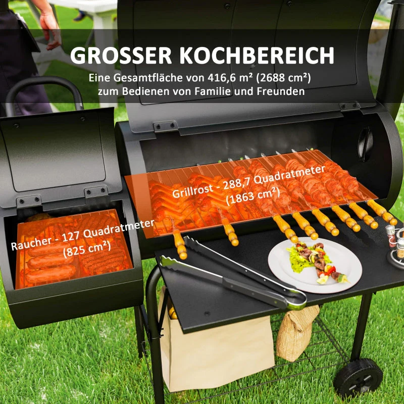 Charcoal Grill BBQ Smoker with Lid, Thermometer & Wheels, Steel - Image 5