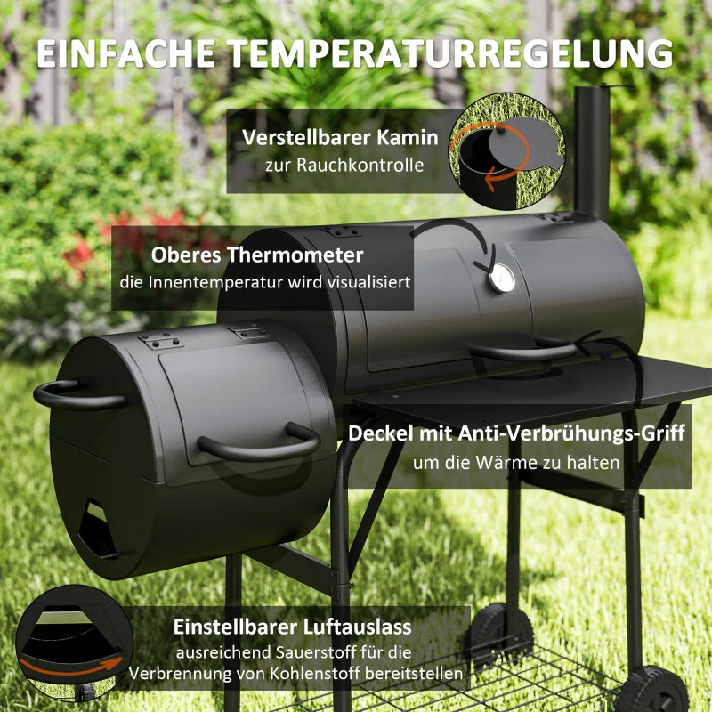 Charcoal Grill BBQ Smoker with Lid, Thermometer & Wheels, Steel - Image 6
