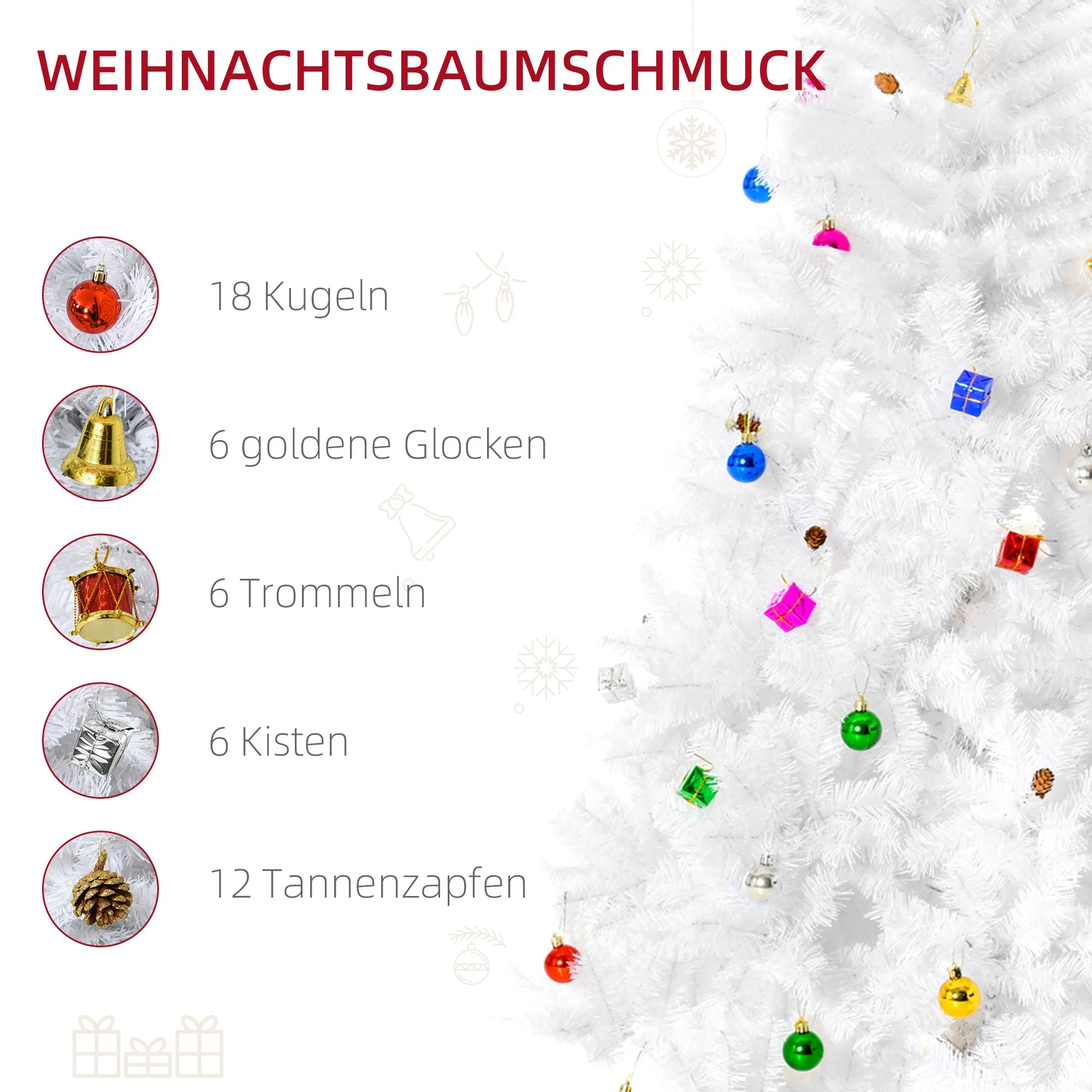 Christmas Tree, Artificial, 180cm, with Stand and Decoration, White - Image 4