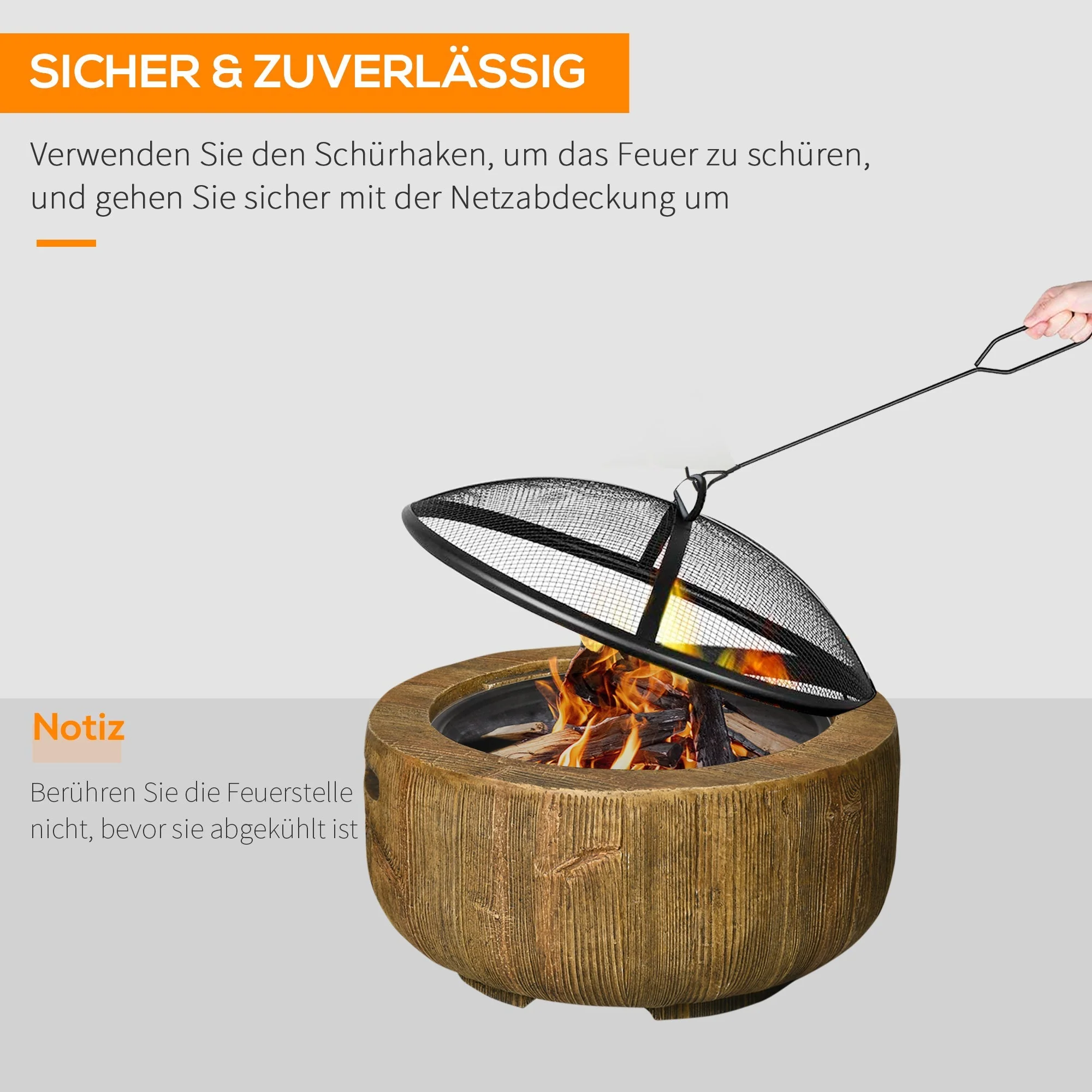 Fire Bowl Fire Pit, Lid & Poker, Tree Stump Design, Steel MgO Brown - Image 5