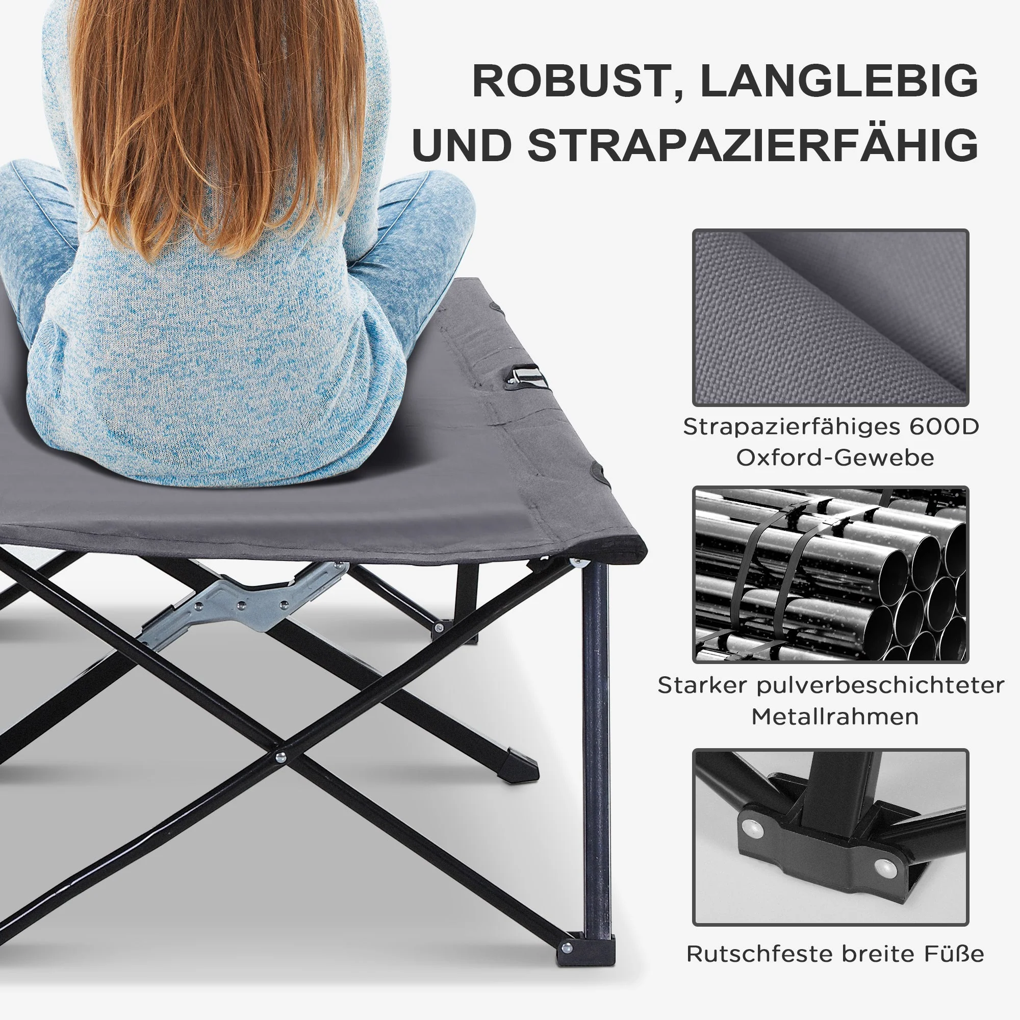 Folding Camping Bed, 2 Person, 136 kg, Steel Oxford Grey - Image 4