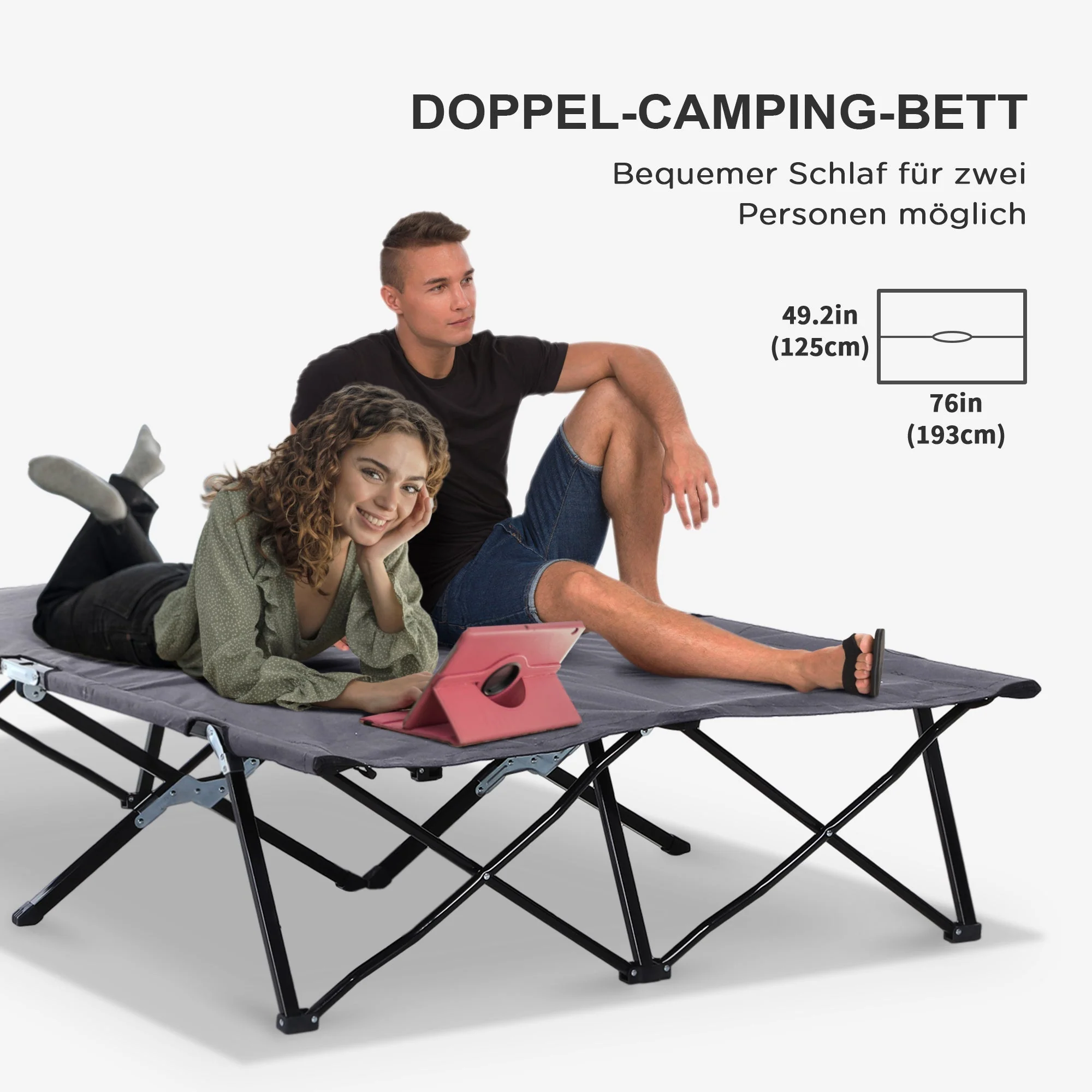 Folding Camping Bed, 2 Person, 136 kg, Steel Oxford Grey - Image 6