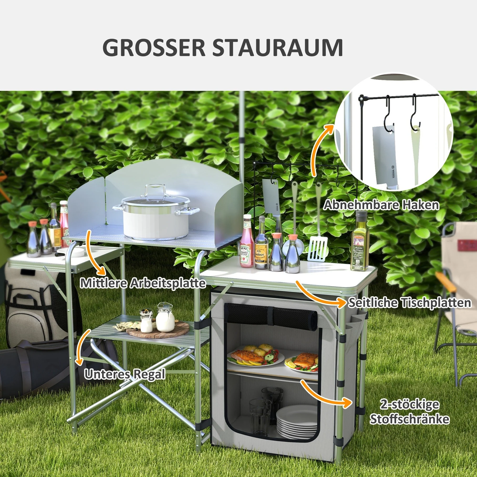 Folding Camping Kitchen, UV & Wind Protection, 3 Worktops, Aluminum - Image 4