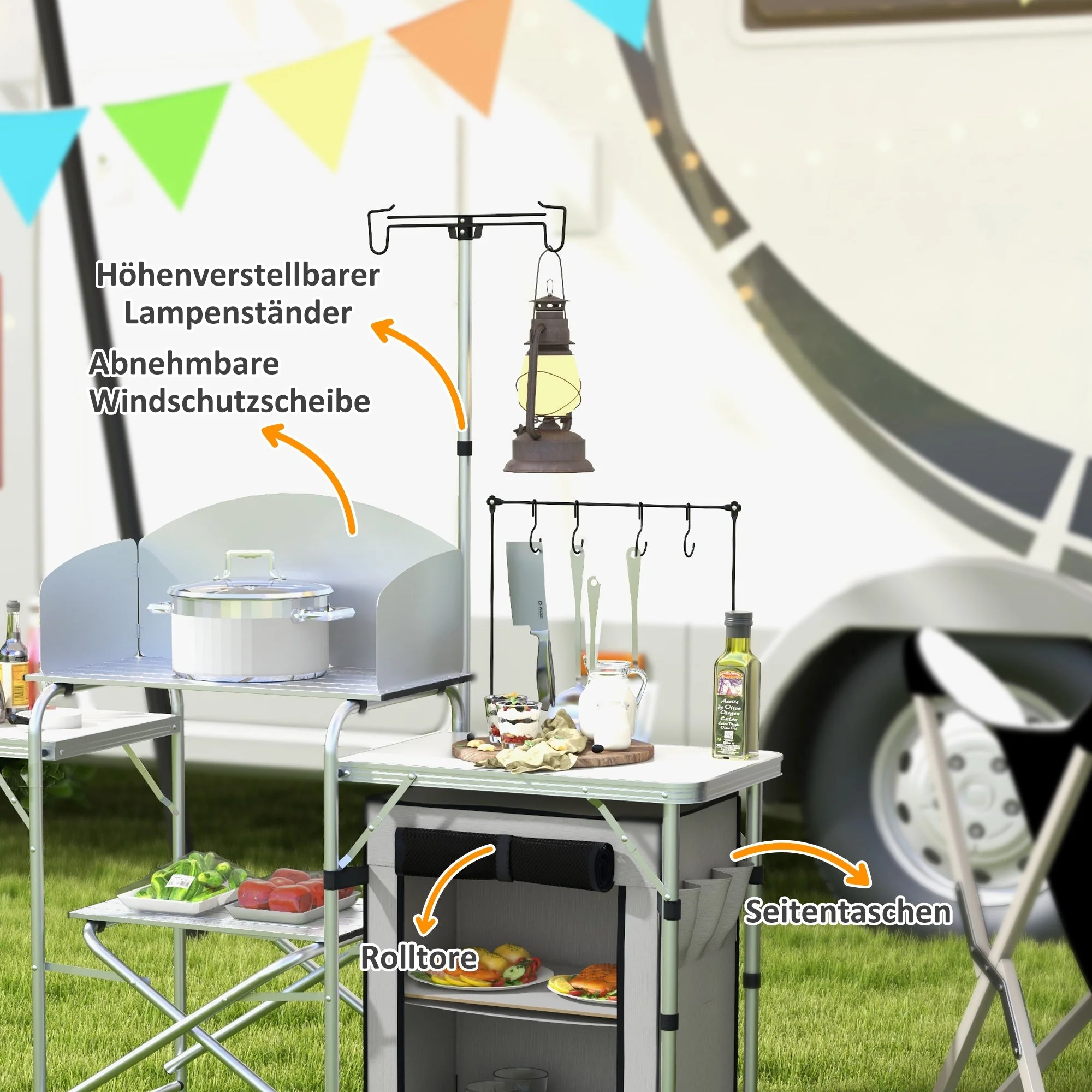 Folding Camping Kitchen, UV & Wind Protection, 3 Worktops, Aluminum - Image 5