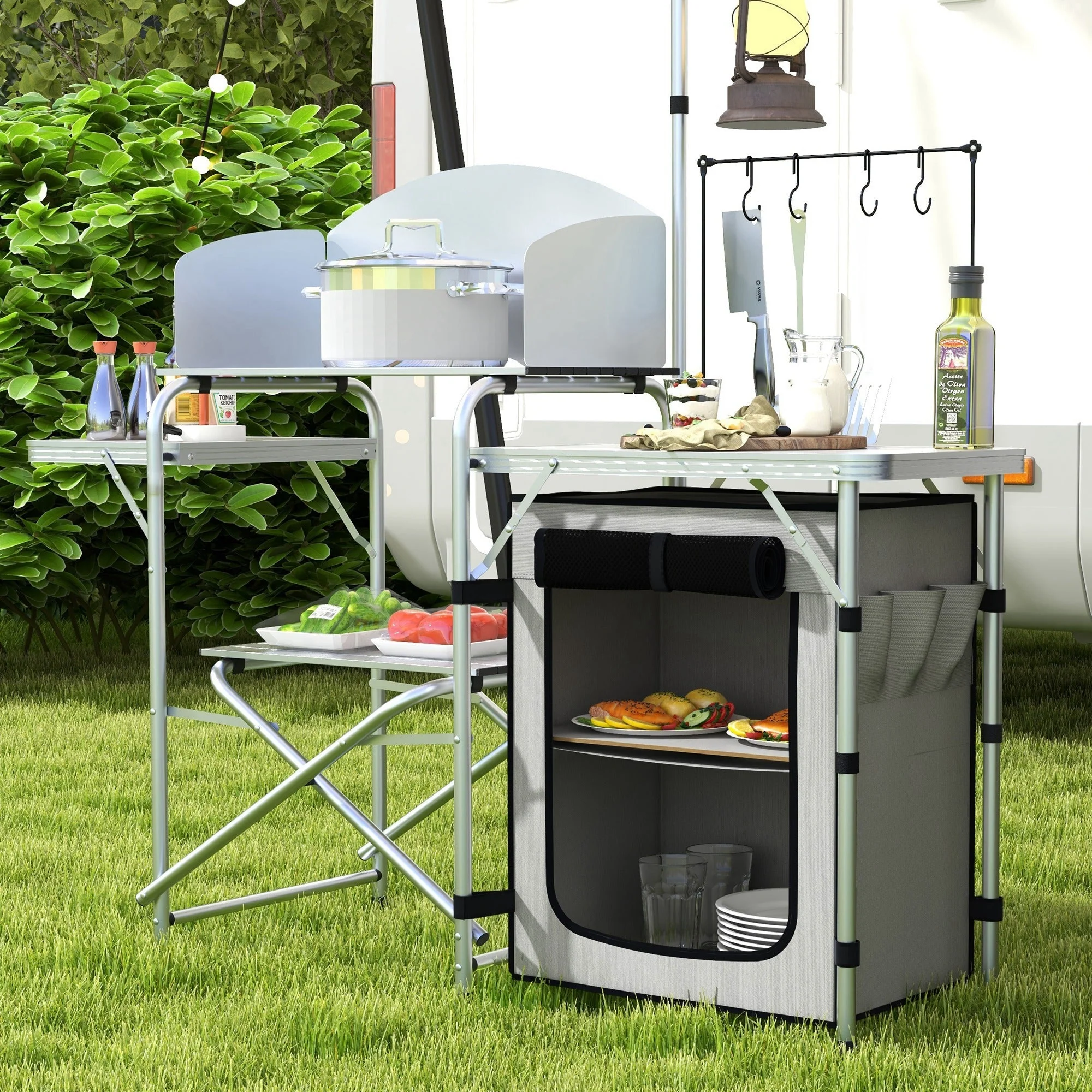 Folding Camping Kitchen, UV & Wind Protection, 3 Worktops, Aluminum - Image 8