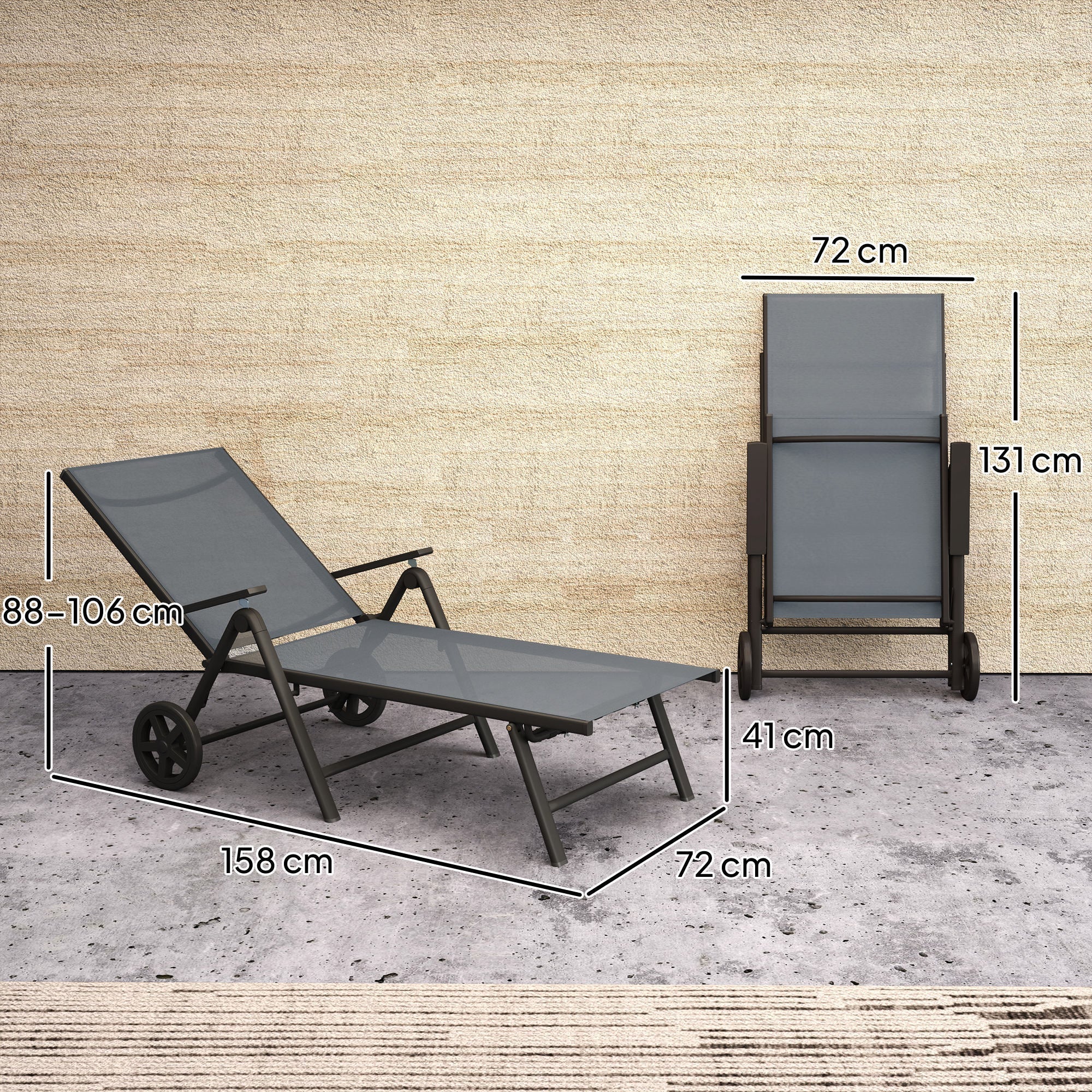Folding Sun Lounger, 5-Position Adjustable Reclining with Wheels, Metal Frame Grey - Image 3