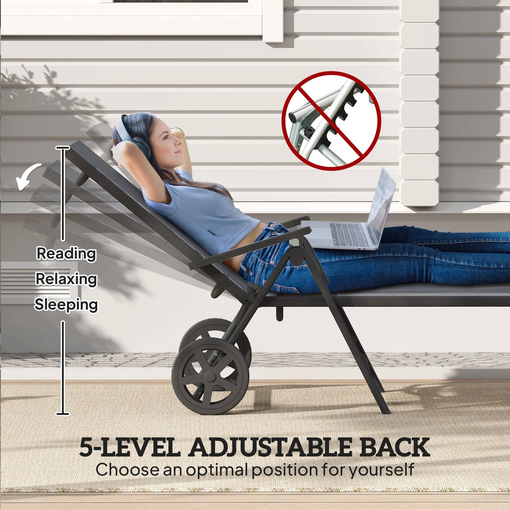 Folding Sun Lounger, 5-Position Adjustable Reclining with Wheels, Metal Frame Grey - Image 4