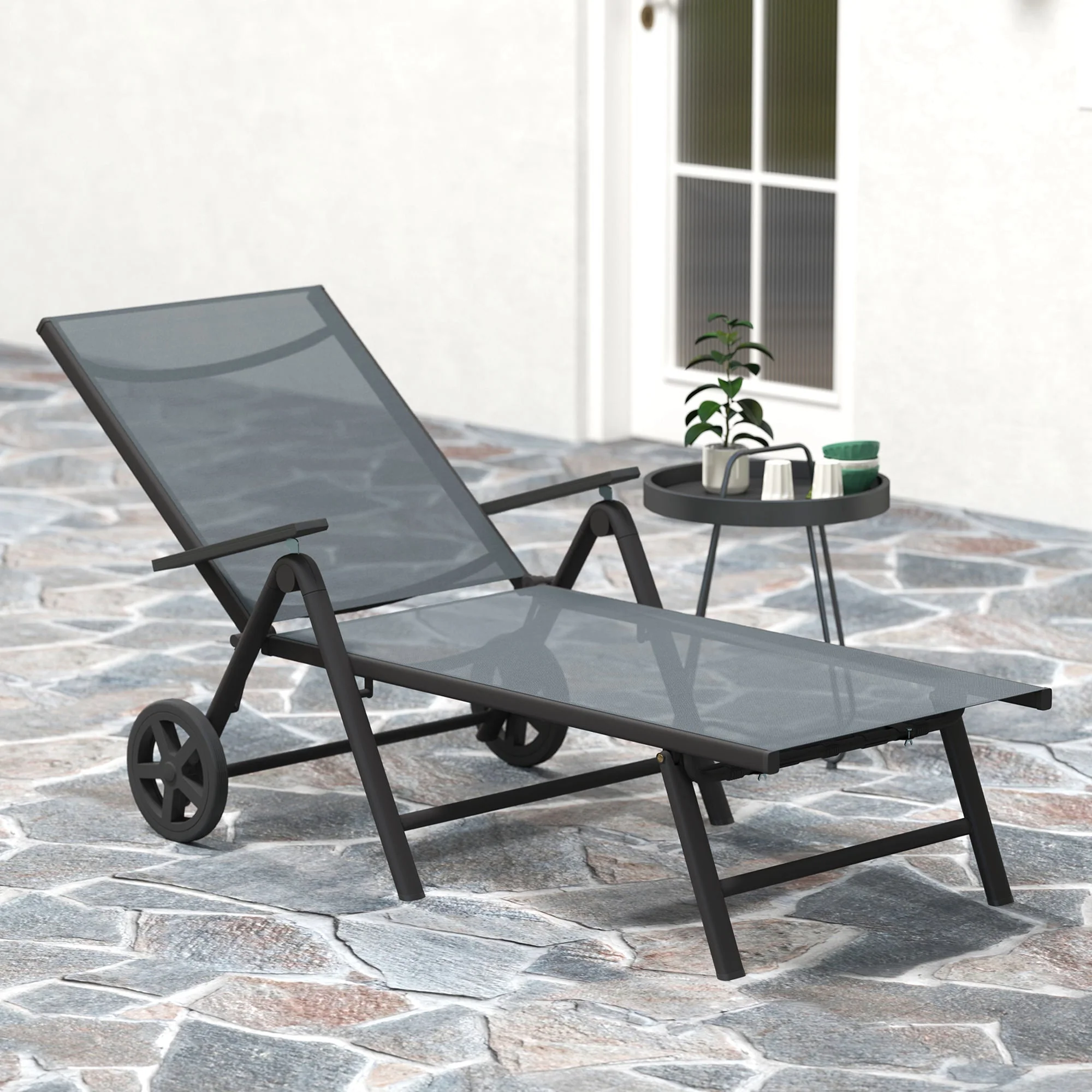 Folding Sun Lounger, 5-Position Adjustable Reclining with Wheels, Metal Frame Grey - Image 7