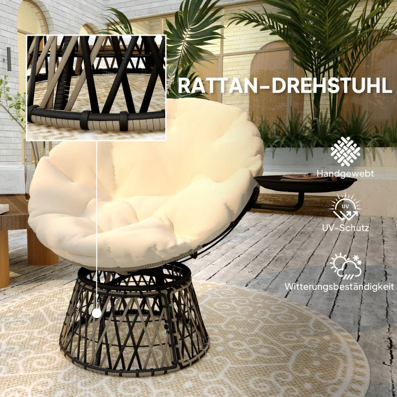 Papasan Chair, 360° Rotatable Wicker with Cushion Ø90 cm, Beige - Image 7