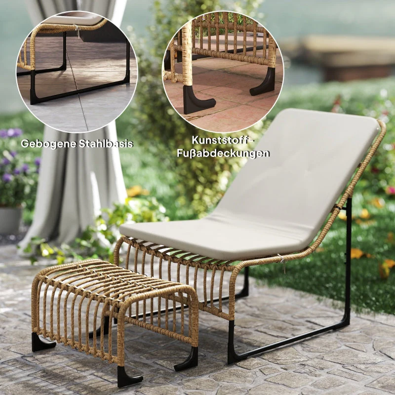 Rattan Relaxing Chair with Footstool, UV-resistant Garden Chair, Natural Wood - Image 8