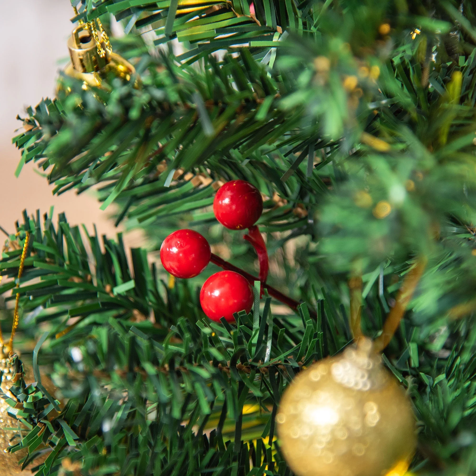 Small Christmas Tree, Mini with Holly Berries, Baubles & LED Lights, Green PVC - Image 7
