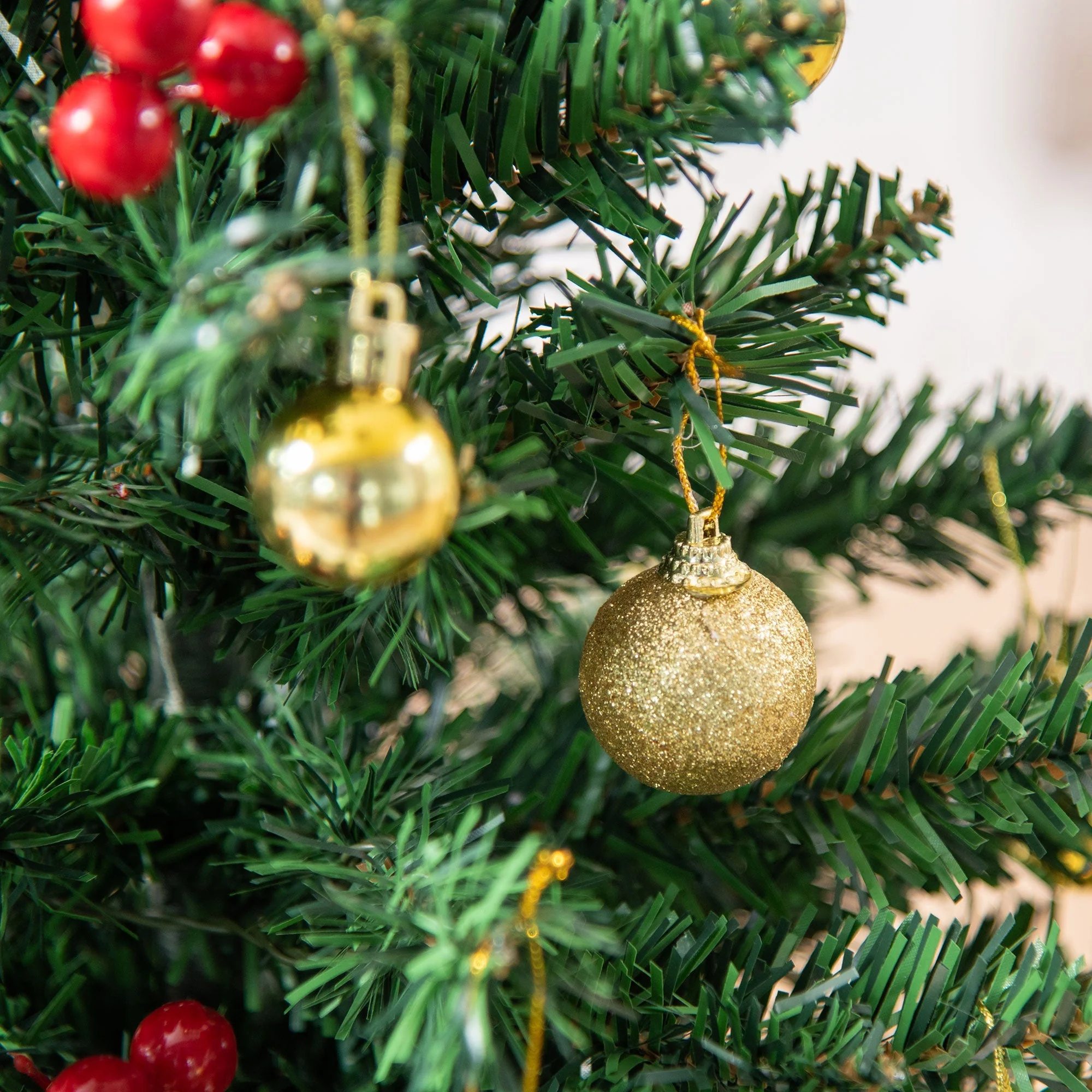 Small Christmas Tree, Mini with Holly Berries, Baubles & LED Lights, Green PVC - Image 8