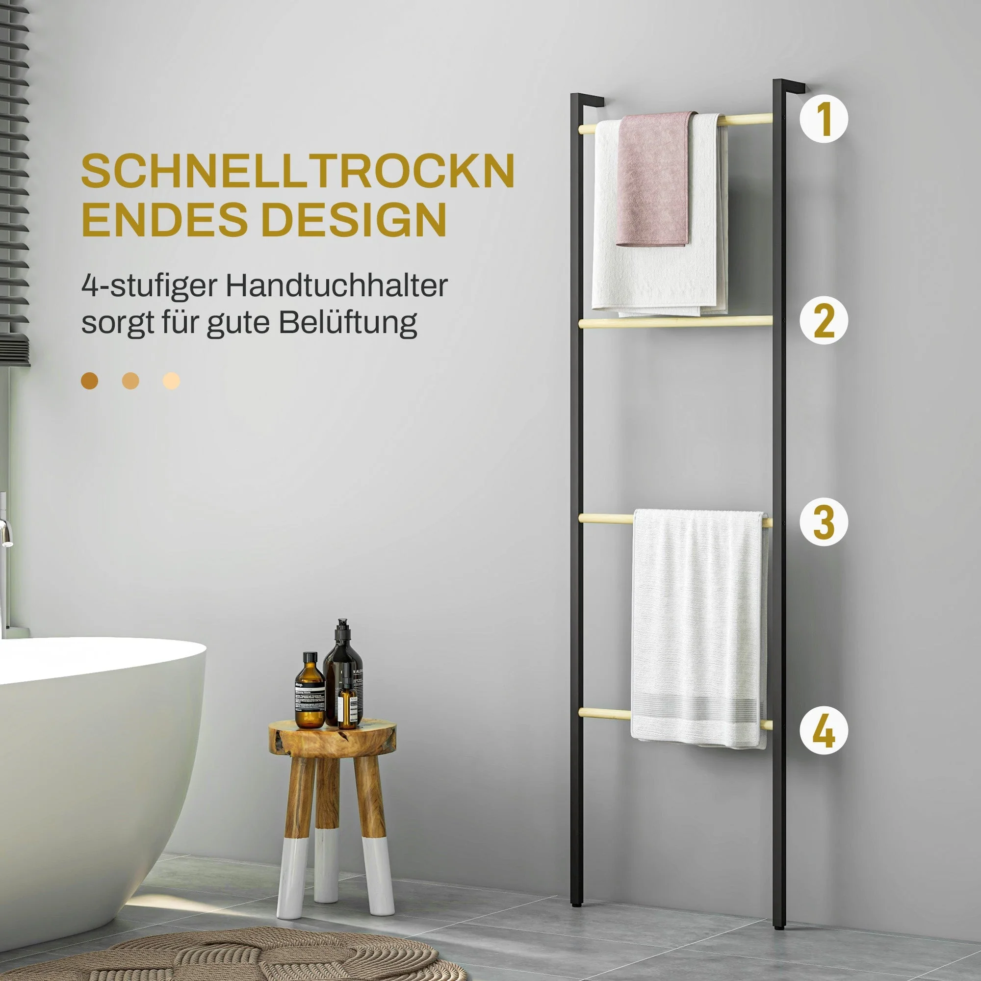 Towel Ladder, 4 Bars, Space Saving, Steel Black - Image 5