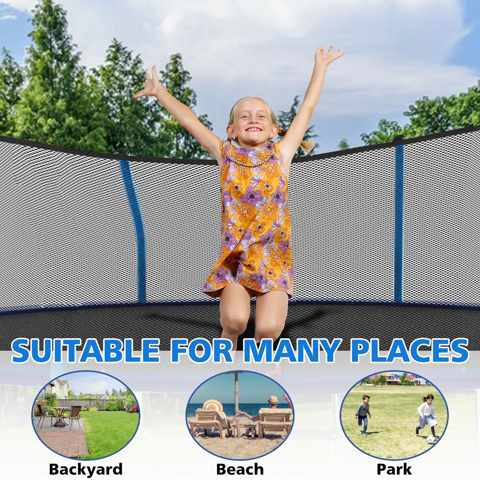 Trampoline 8-12FT Adjustable, Safety Enclosure Net & Spring Pad, Heavy-Duty Galvanized Steel Frame, 400lbs Capacity, Blue - Image 8